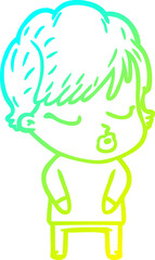 cold gradient line drawing cartoon woman with eyes shut