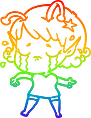 rainbow gradient line drawing cartoon crying alien girl