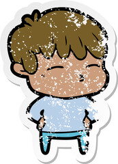 distressed sticker of a cartoon curious boy