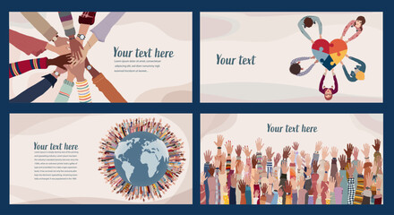 Volunteer people group concept landing page poster editable template. Multicultural people with raised hands. People diversity holding heart.Hands in a circle. Solidarity. NGO Aid concept
