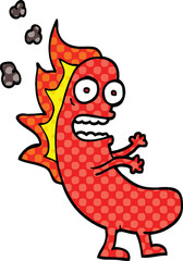 comic book style cartoon flaming hotdog