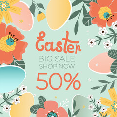 Happy easter sale banner. Flowers with the easter egg on blue background. Can be add text.