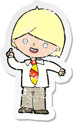 retro distressed sticker of a cartoon school boy answering question
