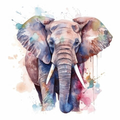 Fototapeta na wymiar Colored watercolor elephant on a white background. AI generative.