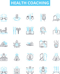 Fototapeta na wymiar Health coaching vector line icons set. Wellness, Nutrition, Coaching, Exercise, Healthy, Habits, Diet illustration outline concept symbols and signs