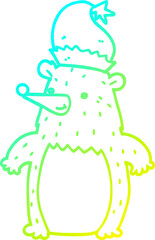 cold gradient line drawing cartoon bear wearing christmas hat