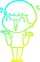 cold gradient line drawing laughing cartoon man shrugging shoulders