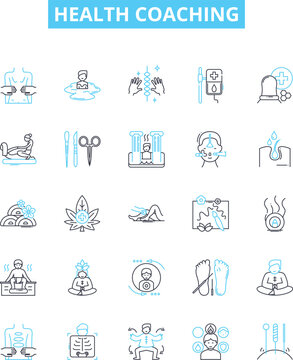 Health coaching vector line icons set. Wellness, Nutrition, Coaching, Exercise, Healthy, Habits, Diet illustration outline concept symbols and signs
