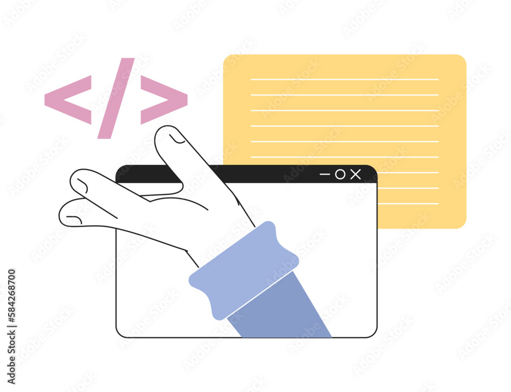 Poster creating website script line concept vector spot illustration. webpages. editable 2d flat cartoon ob