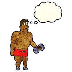 cartoon man lifting weights with thought bubble