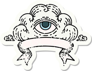 grunge sticker with banner of an all seeing eye cloud