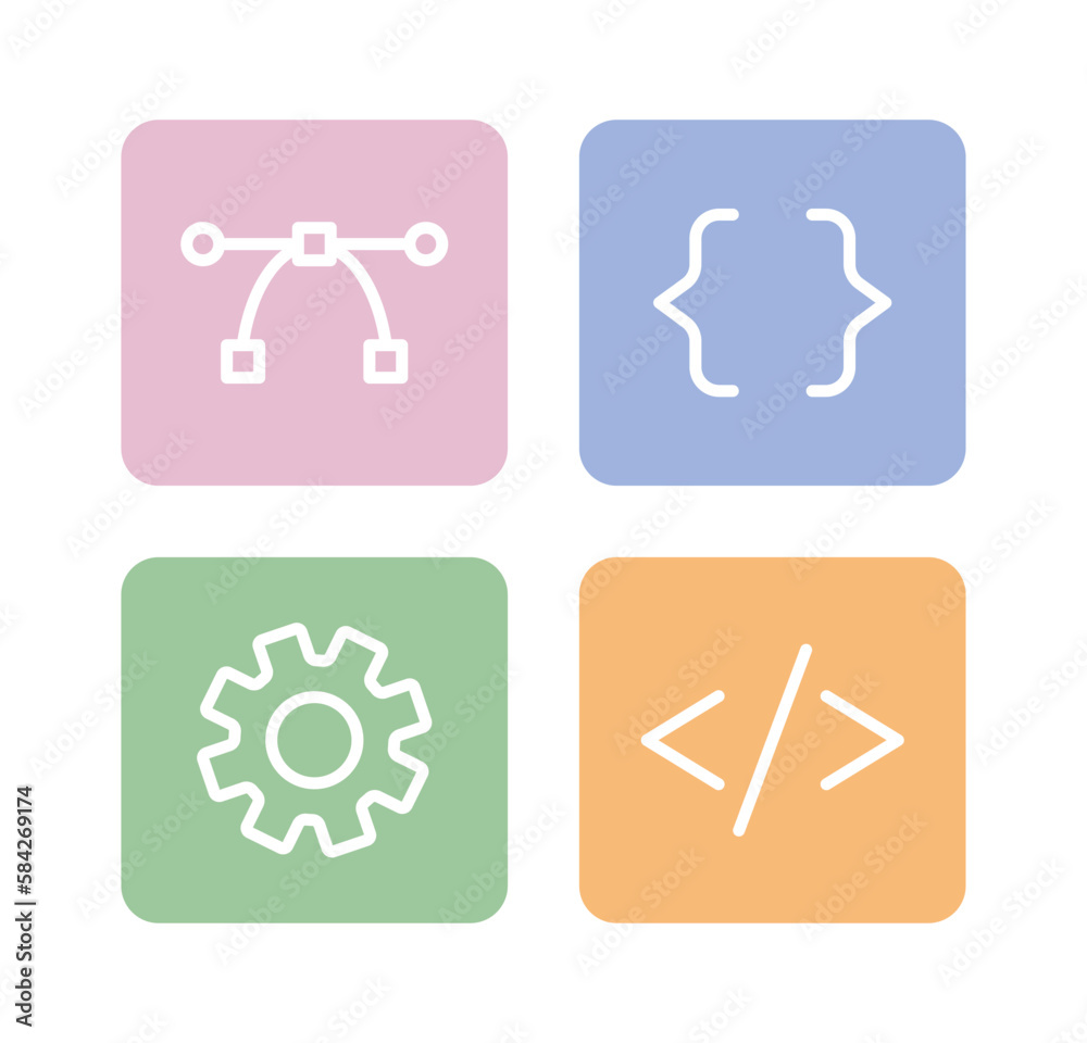 Aufkleber website, app development buttons linear flat color vector icons set. editable thin line elements on 