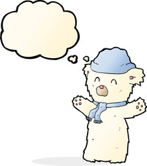 cartoon cute polar bear in hat and scarf with thought bubble