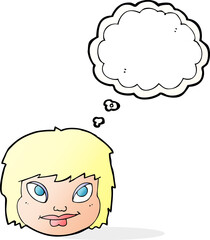 cartoon female face with thought bubble