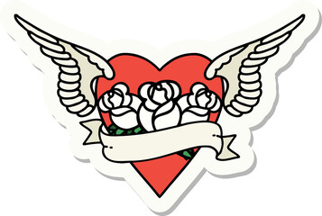 tattoo style sticker of a heart with wings flowers and banner