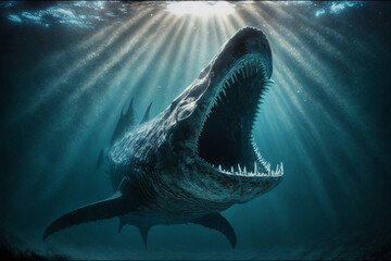 Fantasy concept art | A towering sea monster lurking in the depths of the ocean. underwater world. The light setting creates an eerie atmosphere with rays of light filtering through the water. Ai - obrazy, fototapety, plakaty