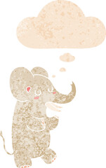 cartoon elephant and thought bubble in retro textured style