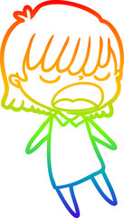 rainbow gradient line drawing cartoon woman talking loudly