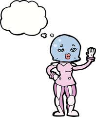 cartoon female astronaut with thought bubble