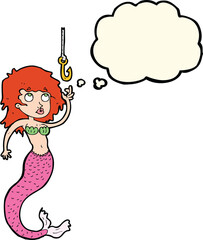 cartoon mermaid and fish hook with thought bubble