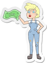 sticker of a cartoon confident farmer woman with money