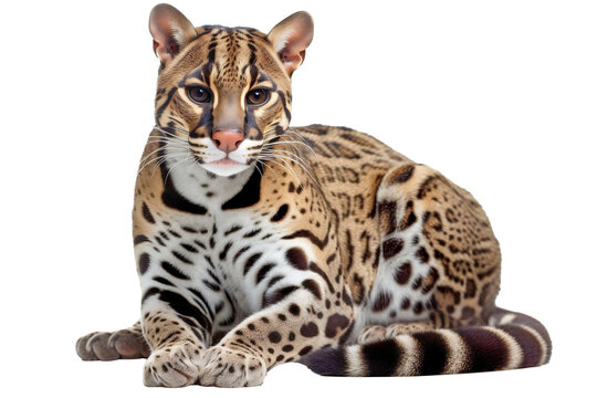 Studio captures a detailed lying Leopardus pardalis ocelot portrait. Generative AI