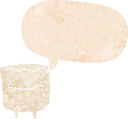 cartoon happy tooth and speech bubble in retro textured style