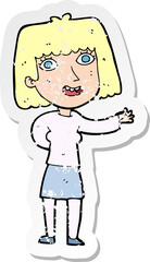 retro distressed sticker of a cartoon friendly woman waving