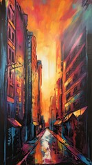 Fototapeta na wymiar Gestural cityscape painting at sunset