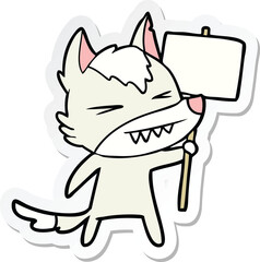 sticker of a angry wolf cartoon with placard
