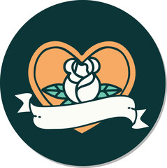 tattoo style sticker of a heart rose and banner
