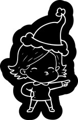 cartoon icon of a woman pointing wearing santa hat