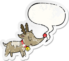 cartoon christmas reindeer and speech bubble distressed sticker