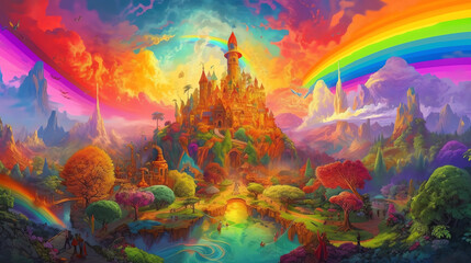 Fototapeta na wymiar Castle Paradise with a Rainbow