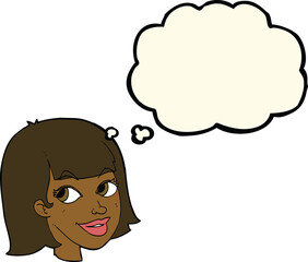 cartoon happy female face with thought bubble