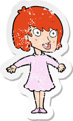 retro distressed sticker of a cartoon woman wearing dress