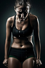 Women's athletic body with drops of sweat, heavy sports, strong emotions, hard sports , not real people, generative ai