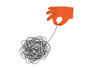 Hand drawn illustration of hand pull on tangled threads. Flat vector solve a difficult problem, help with negative emotions concept in doodle style. Solution, answer sticker, icon or print. Isolated.