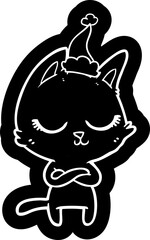 calm cartoon icon of a cat wearing santa hat