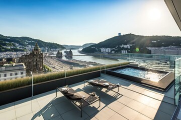 Naklejka premium Spectacular view of San Sebastian in Spain from a penthouse terrace, generative ai