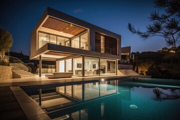 Fototapeta premium Contemporary villa with pool and garden at blue hour, generative ai