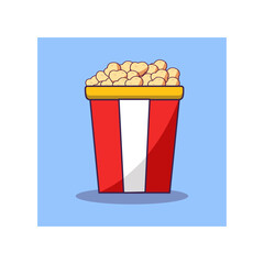 Popcorn isolated on blue background. Cinema icon in flat style. Snack food. Big red white strip box. Vector stock