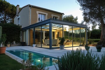 Fototapeta na wymiar Luxury stone French mansion with veranda pool and garden, generative ai