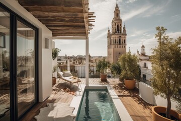 Obraz premium Amazing penthouse terrace with a swimming pool overlooking Seville, generative AI