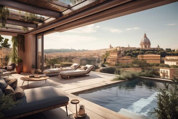 penthouse terrace with a swimming pool overlooking Rome, generative AI - obrazy, fototapety, plakaty
