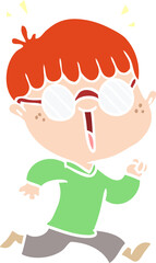 flat color style cartoon running boy wearing spectacles