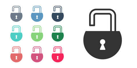 Black Open padlock icon isolated on white background. Opened lock sign. Cyber security concept. Digital data protection. Set icons colorful. Vector