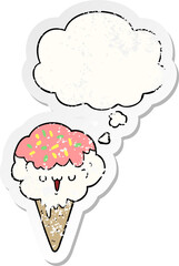 cartoon ice cream and thought bubble as a distressed worn sticker