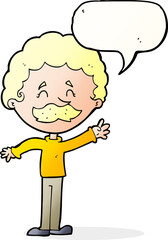 cartoon man with mustache waving with speech bubble
