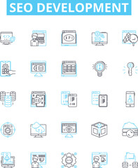seo development vector line icons set. SEO, Development, Search, Engine, Optimization, Strategies, Ranking illustration outline concept symbols and signs